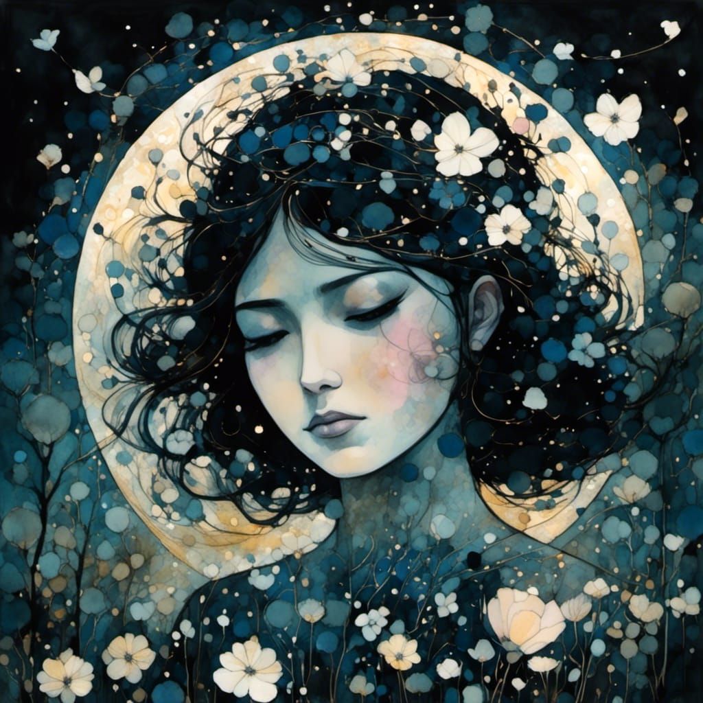 Liquid Ink Watercolor Illustration of Woman at Sunset