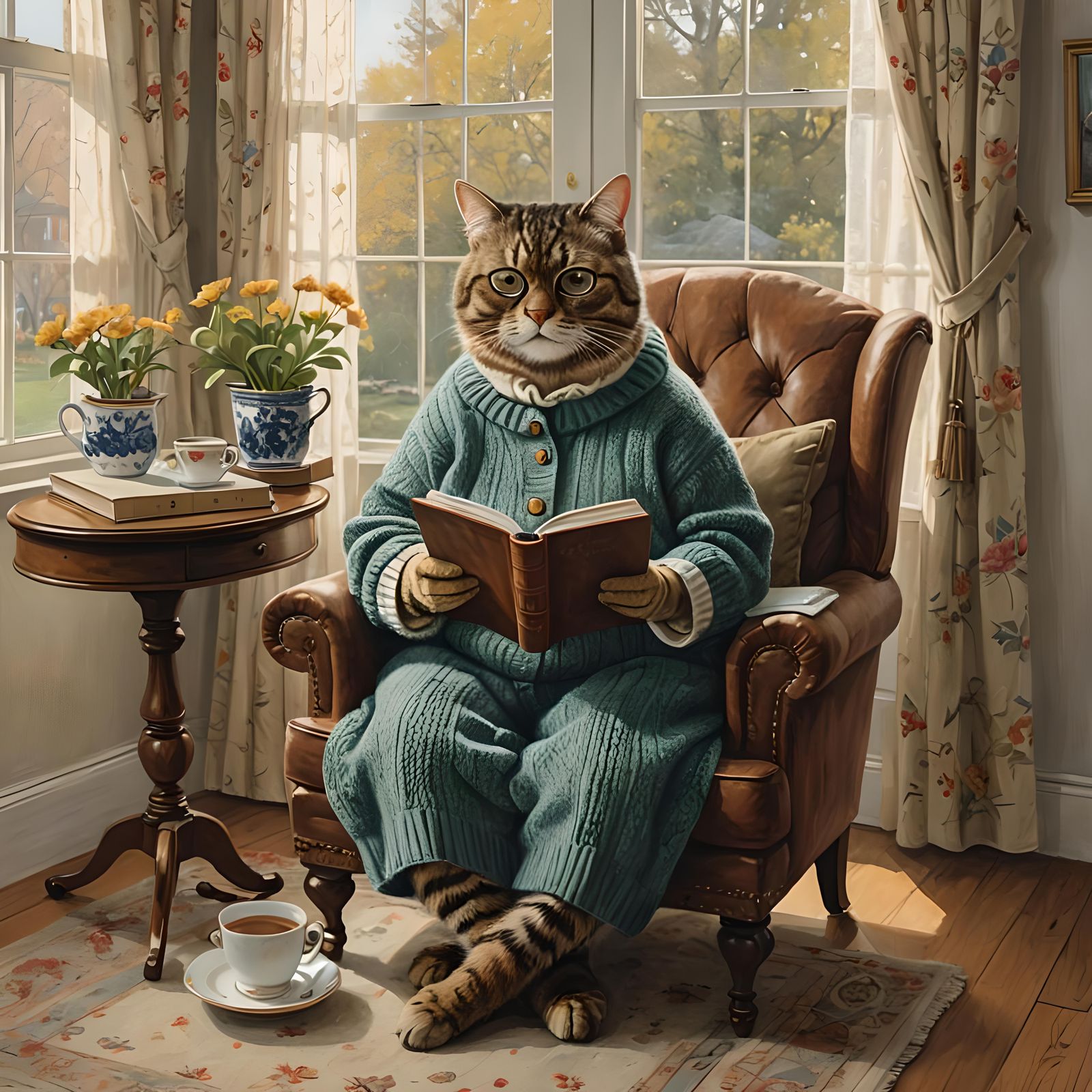 Grandma Tabby Cat Reading a Book, Watercolour Style