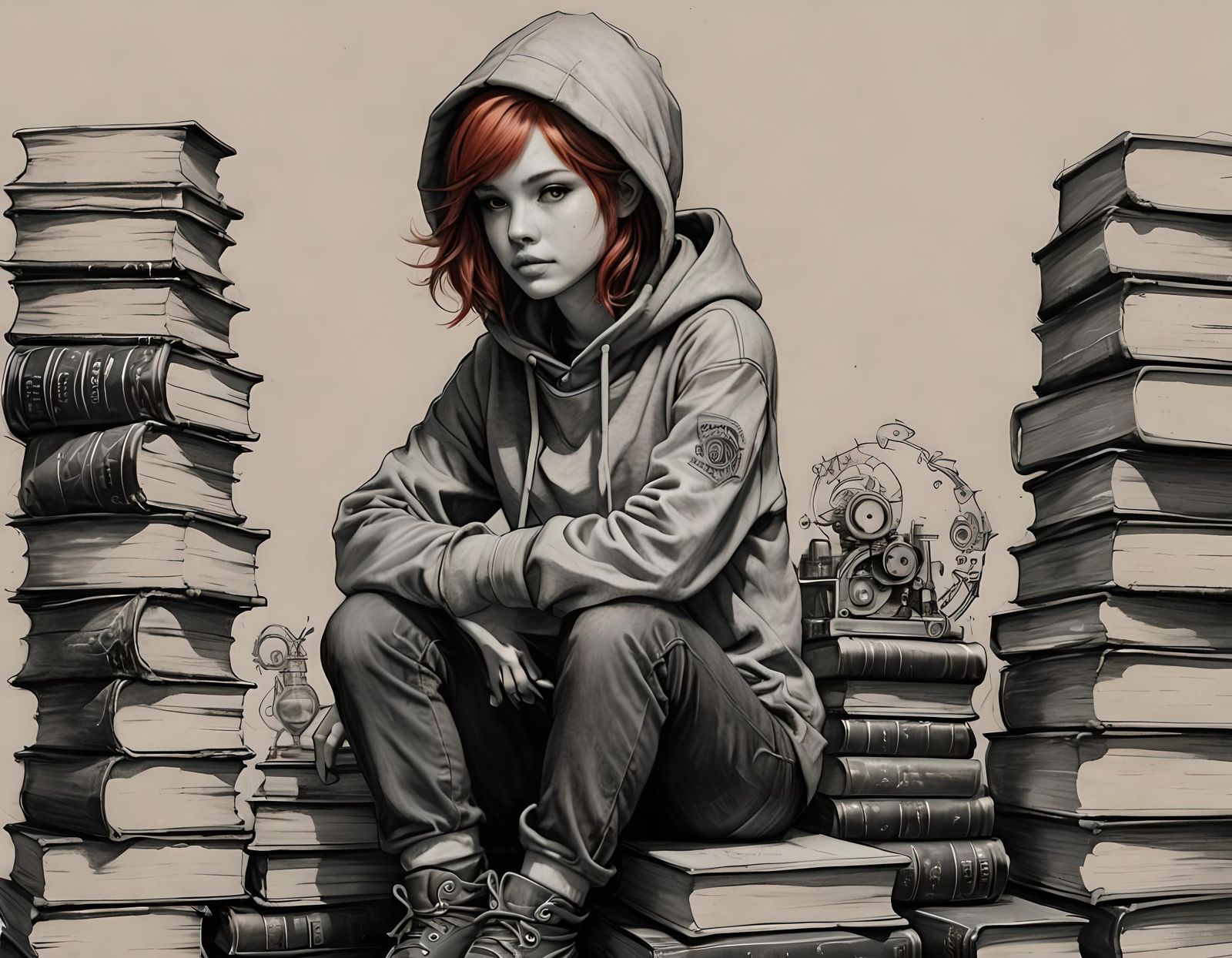 Steampunk Woman with Red Hair Pencil Sketch