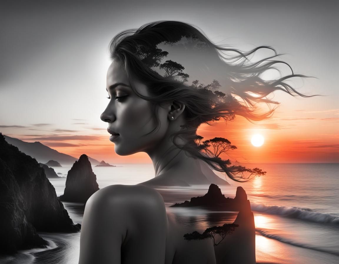 Goddess Silhouette Double Exposure with Sunset Coast