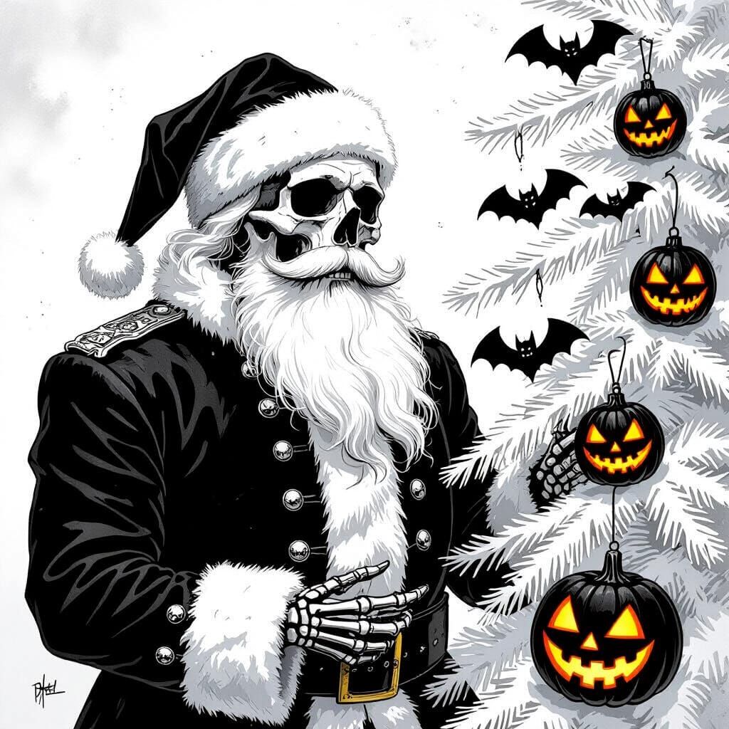 Gothic Skeleton Santa Alcohol Painting in Noir Style