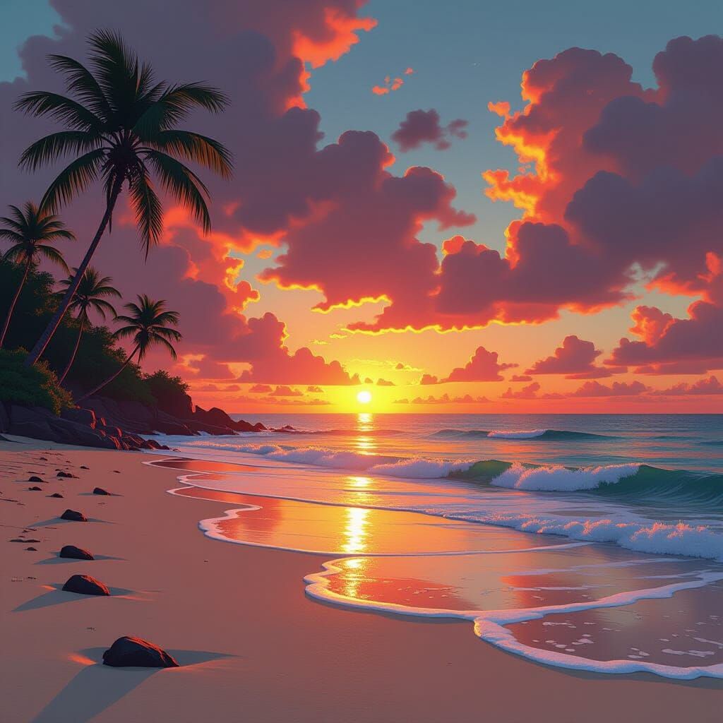 Tropical Beach Sunset in Splash Art Style