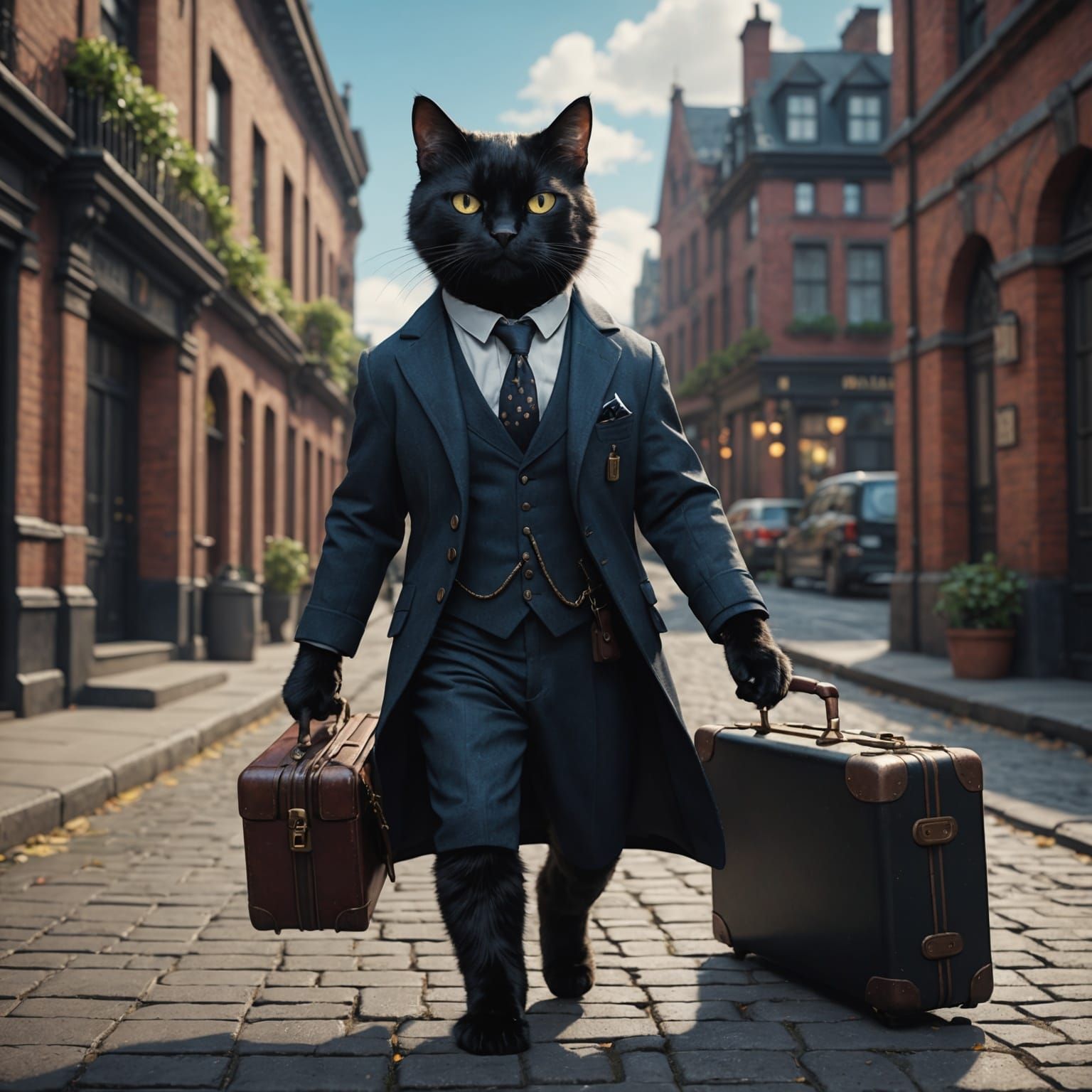 Black Cat Banker in Suit, Detailed Digital Art