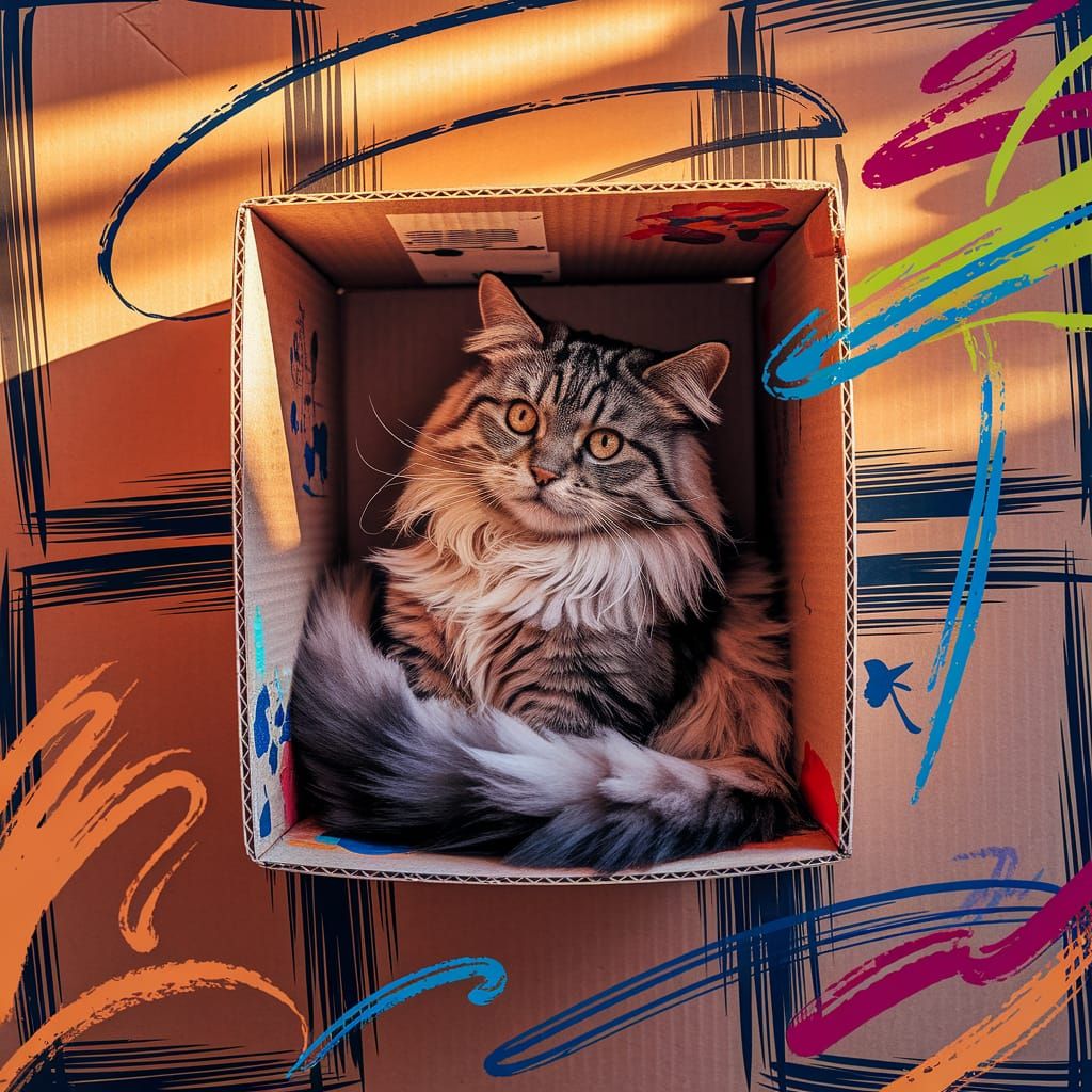 Cat in Box: Colorful Outsider Art Illustration