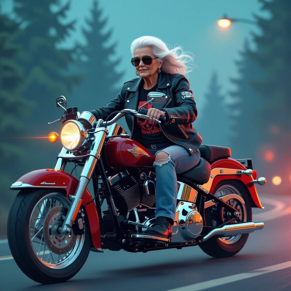 Grandma Rides a Harley in Hyper-Realistic Matte Painting