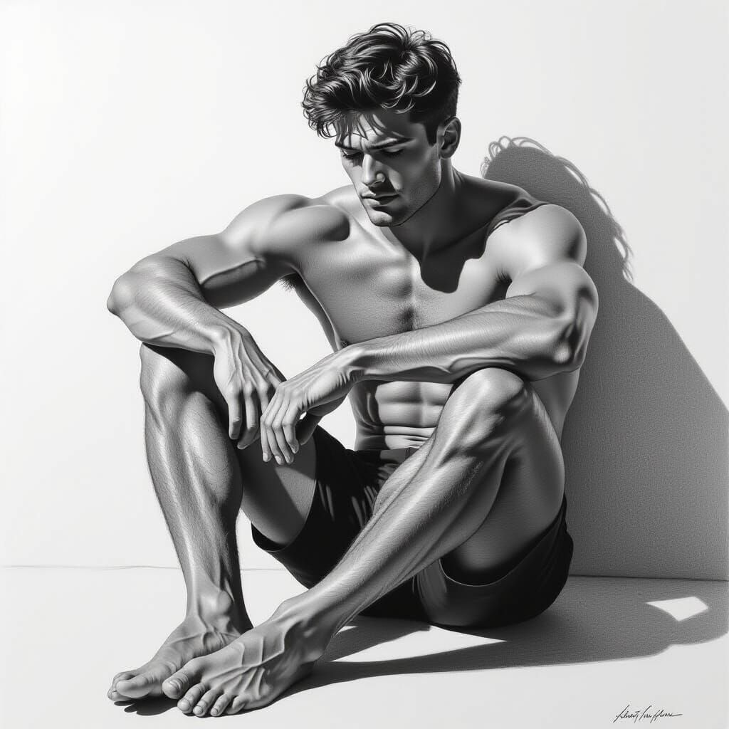 Elegant Black and White Pencil Drawing of Barefoot Man