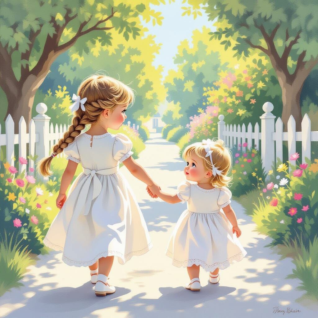 Sisters Walking Hand-in-Hand in Storybook Style