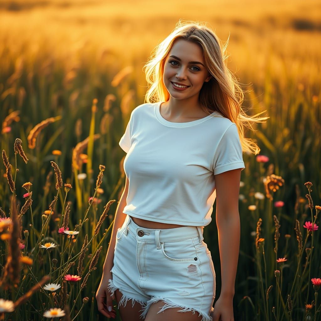 Romantic Sunset Field Encounter in Whimsical Sci-Fi Style