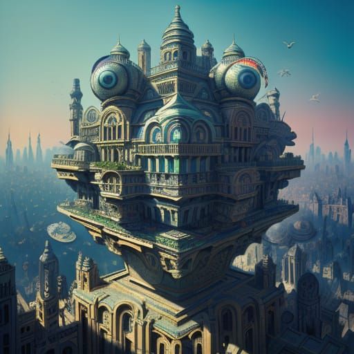 Alien in Surreal Futuristic Cityscape, M.C. Escher Style