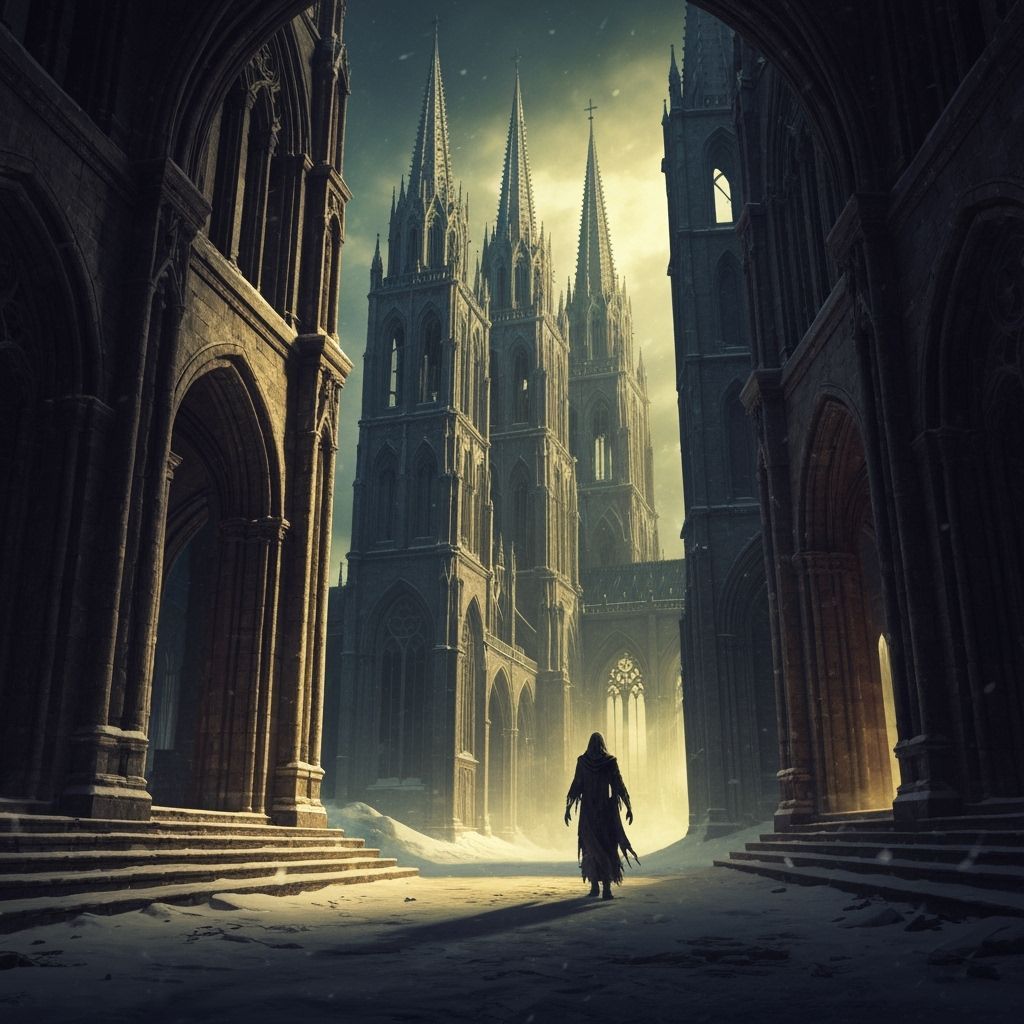Gothic Cathedral with Spectral Figure in Dark Fantasy Style