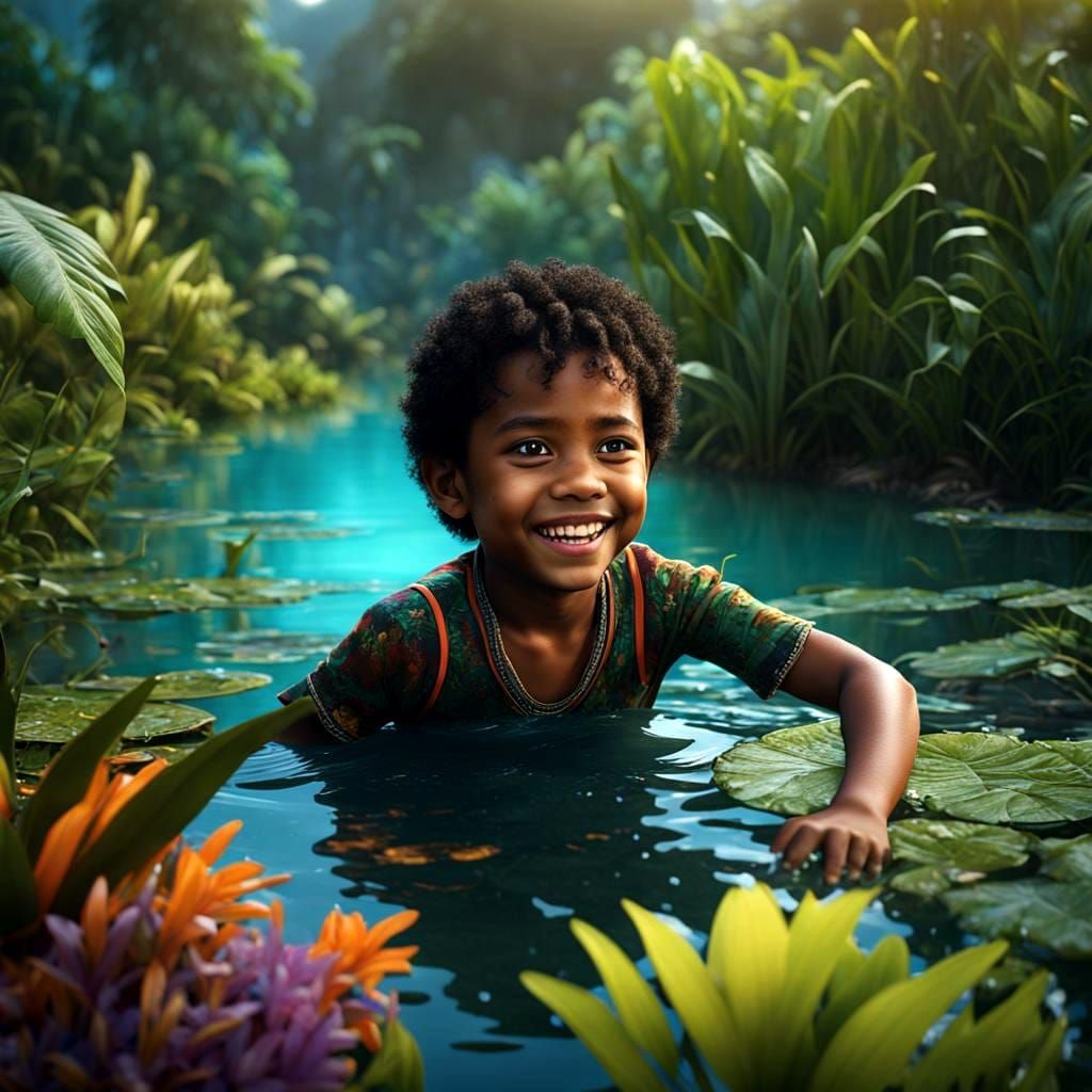 Cute Torres Strait Islander Boy Plays in Pond