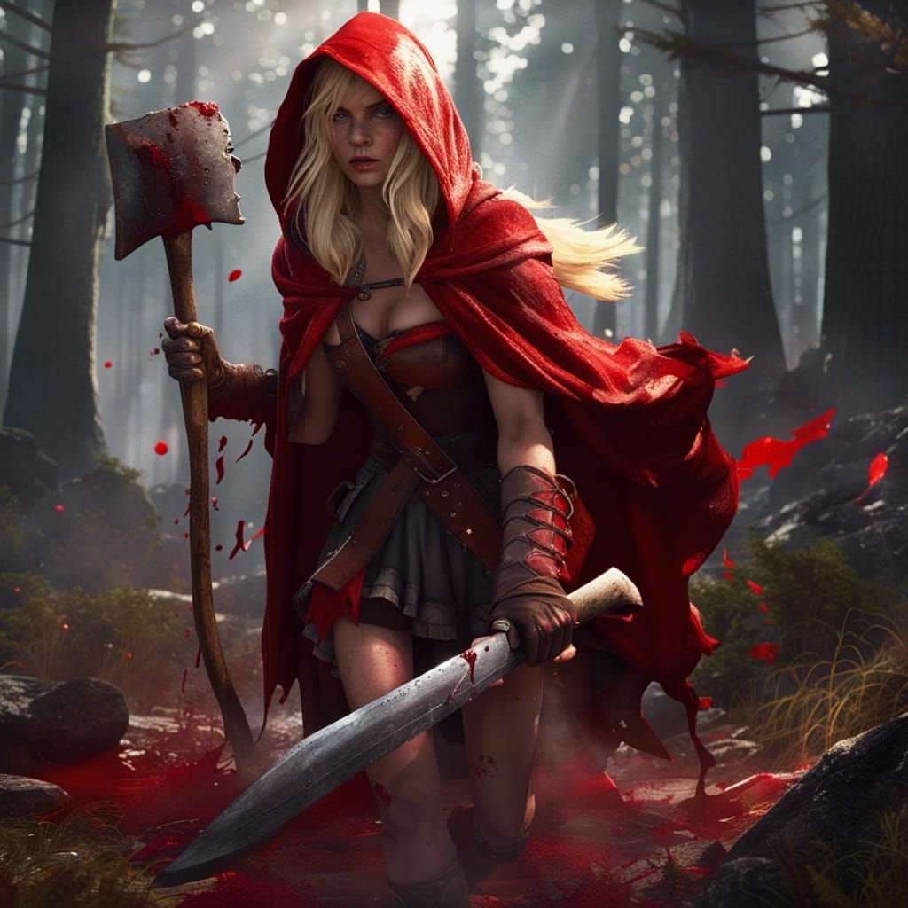 Little Red Riding Hood with Axe in Forest