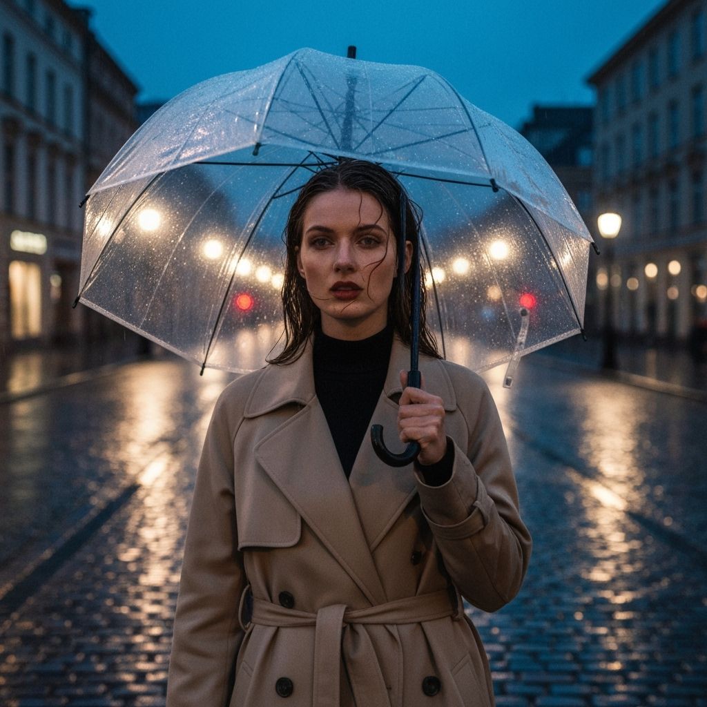 Twilight Cobblestone: Woman with Umbrella in Cinematic Style