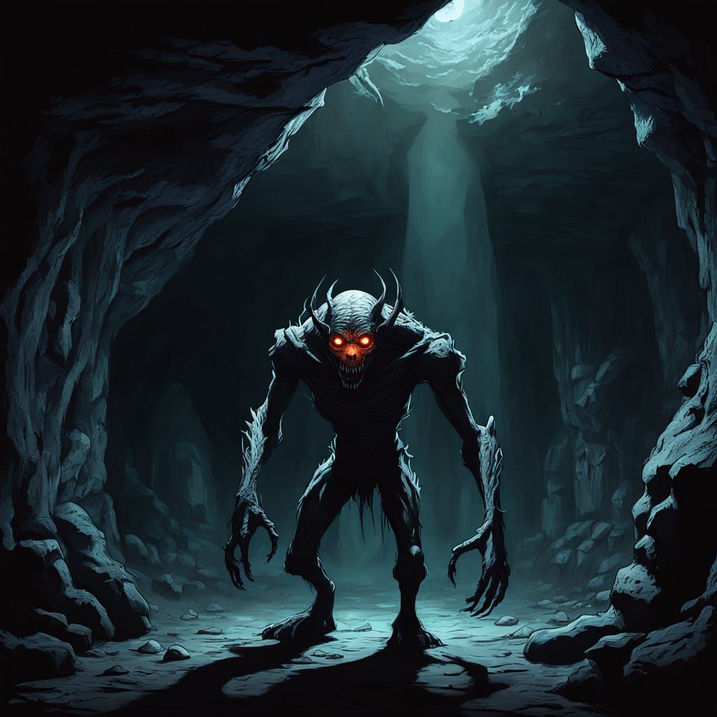 Skinwalker in Dark Cave: Horror Concept Art