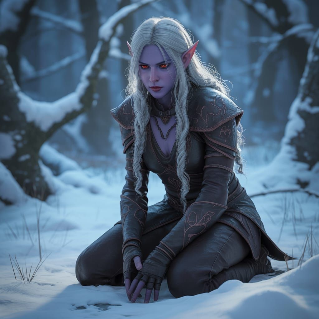 Drow Elf Huntress in Snowy Forest Concept Art