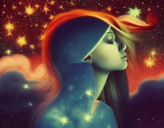 Celestial Woman in Starry Surreal Automobile