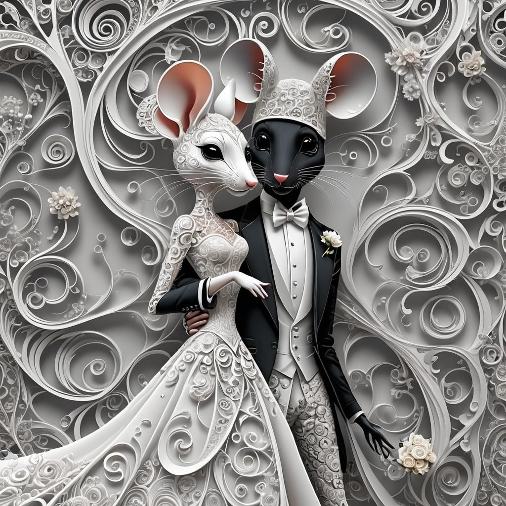 Mouse groom in a black suit and a mouse bride in a stunning white wedding gown