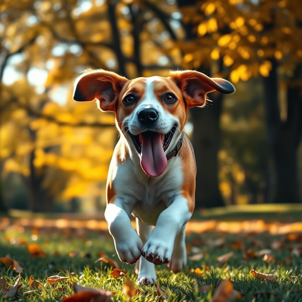 Joyful Beagle Chases Frisbee in Autumn Park