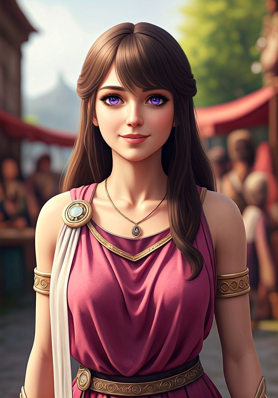 Ancient Greek Girl in Vibrant Marketplace - 3D Anime Art