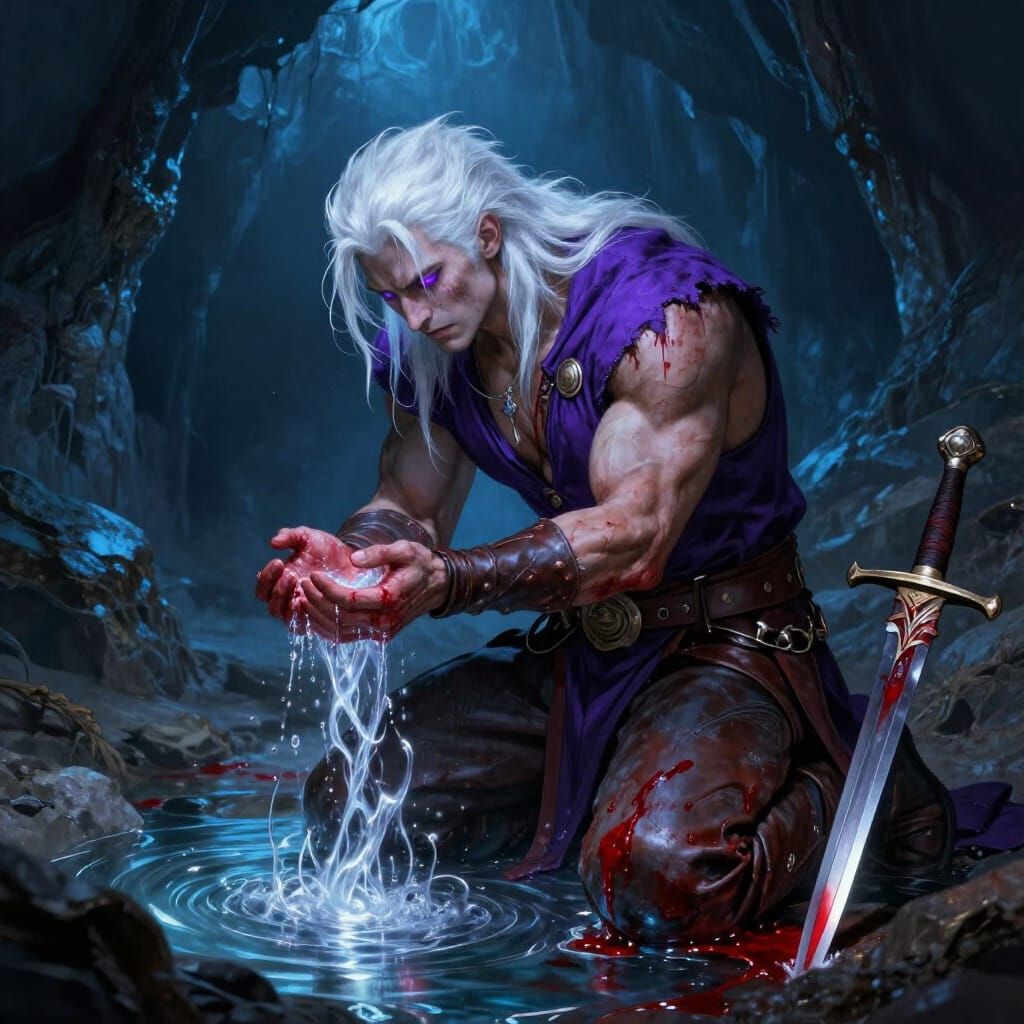 Muscular Elf Knight Kneels by Luminous Stream