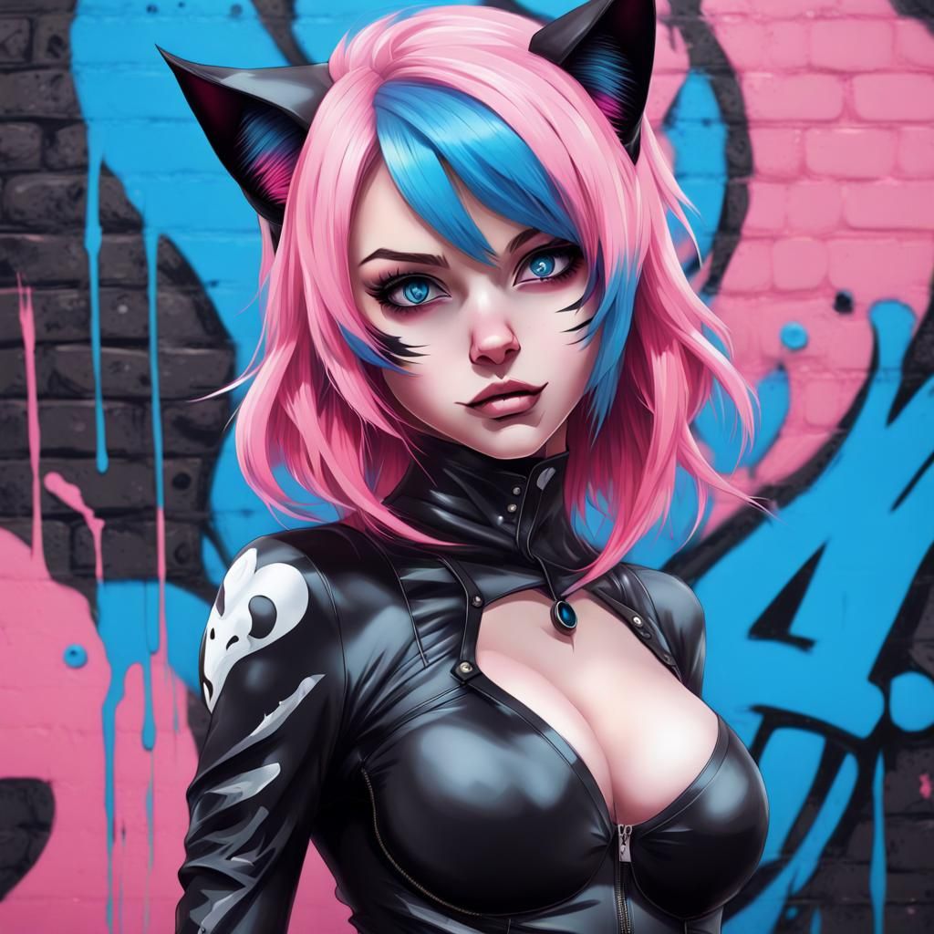 Cute Anime Cat-Woman in Gothic Graffiti Art Style