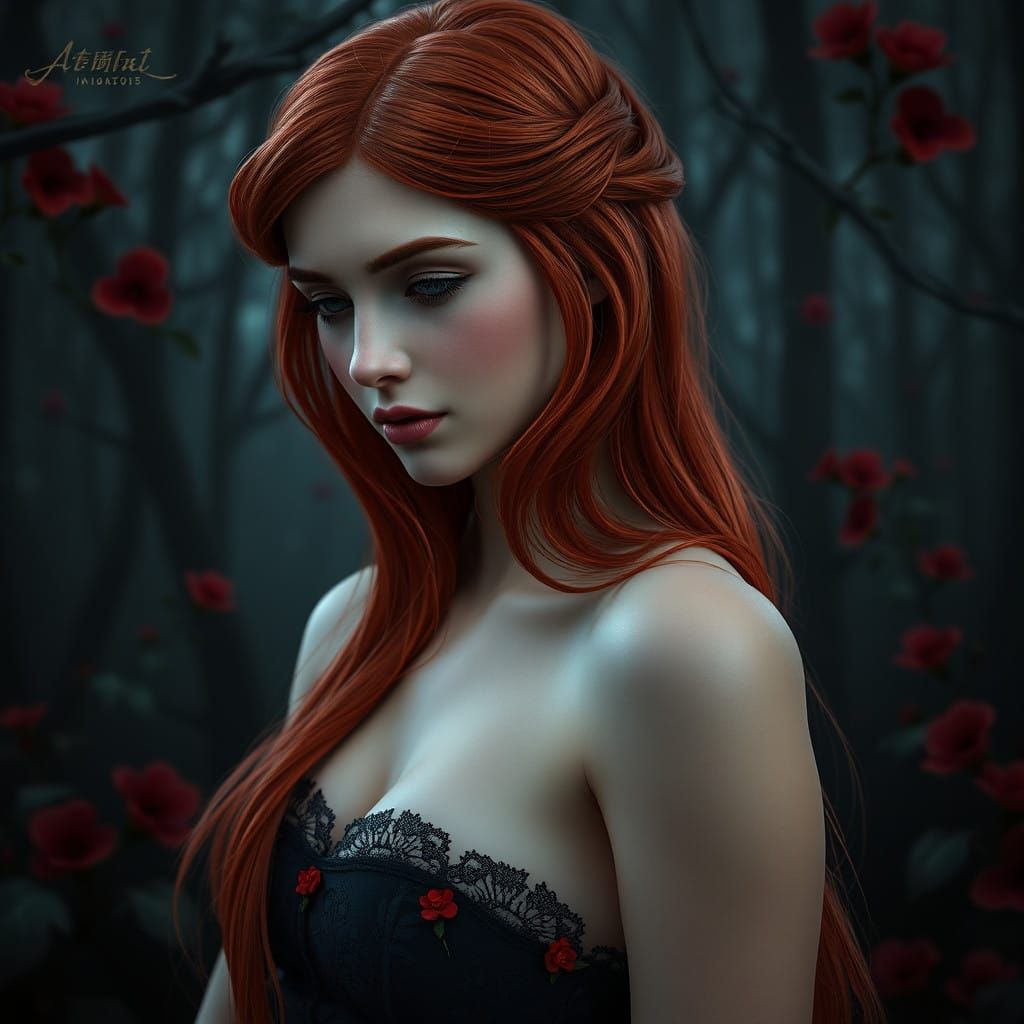 Romantic, Gothic Goddess with Red Hair and Mystical Forest