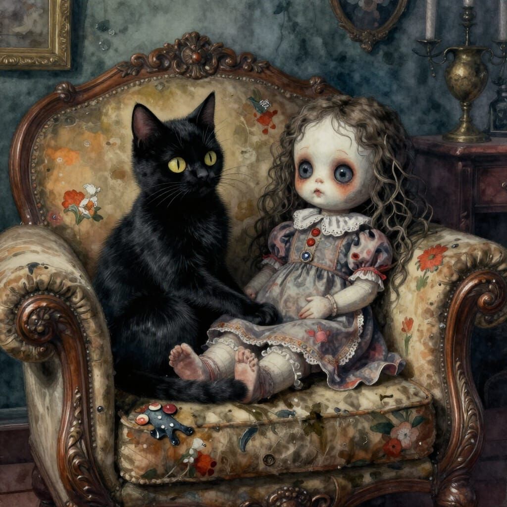 Creepy Doll and Black Cat on Dusty Sofa