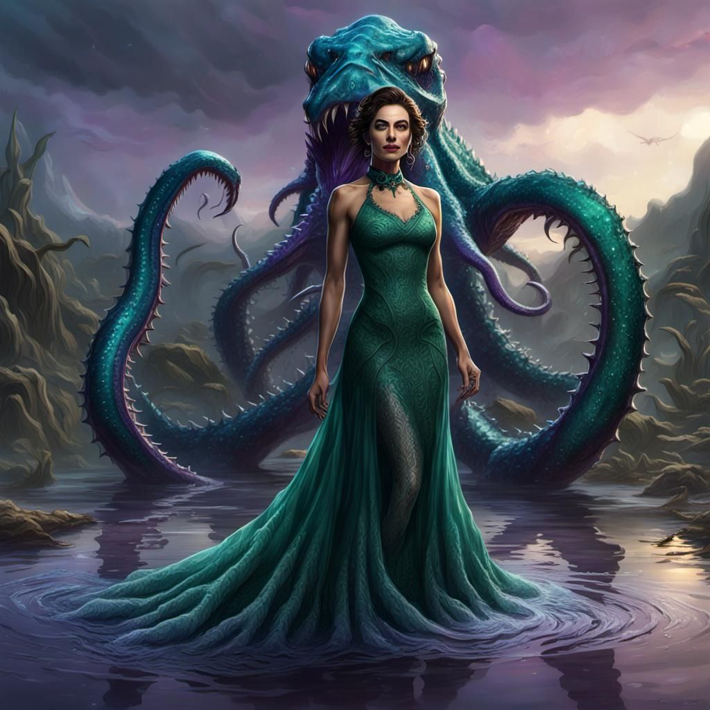Fantasy Woman with Sea Monster, Dark Fantasy Concept Art