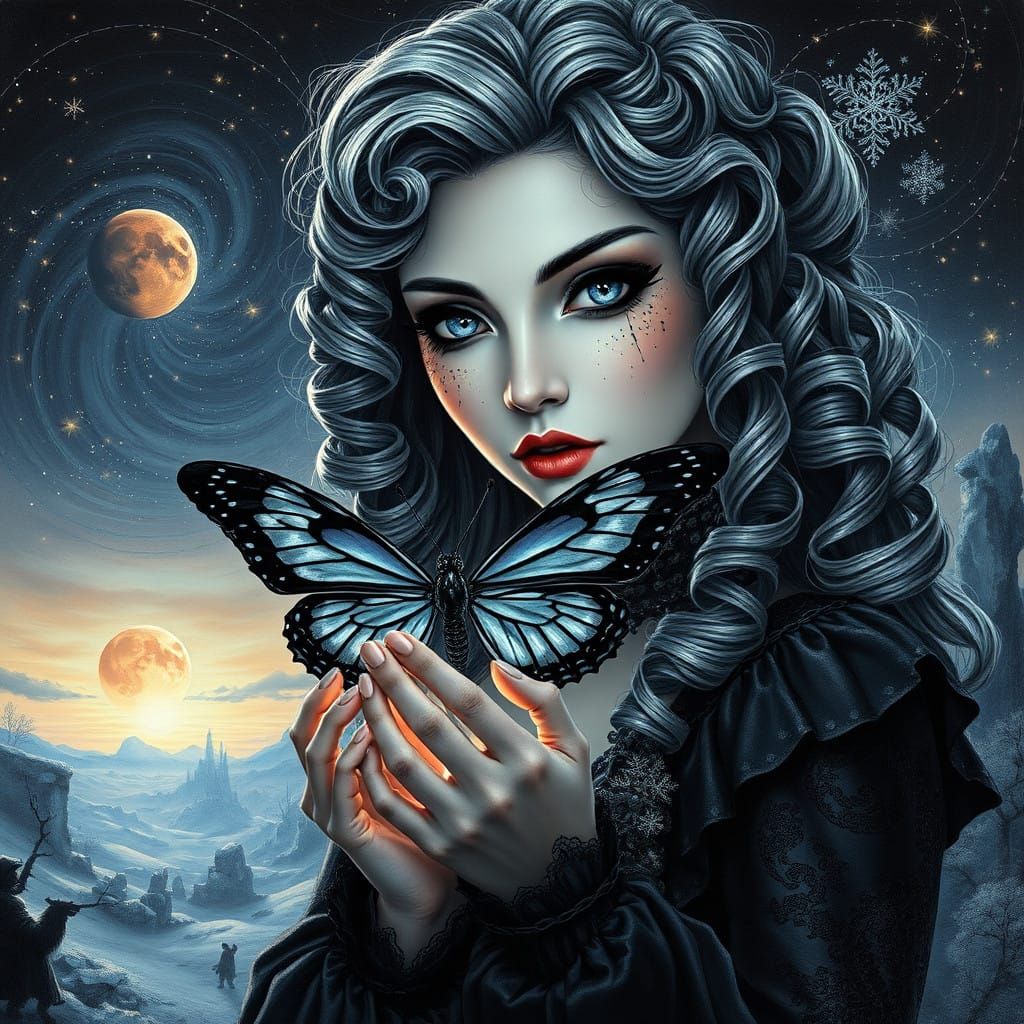 Gothic Goddess Amidst Whirling Snowflakes and Celestial Bodi...