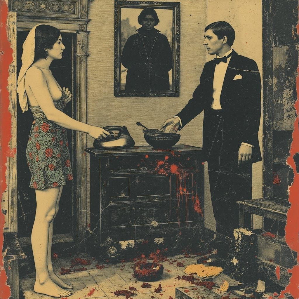 Surreal Kitchen Scene with Contrasting Figures