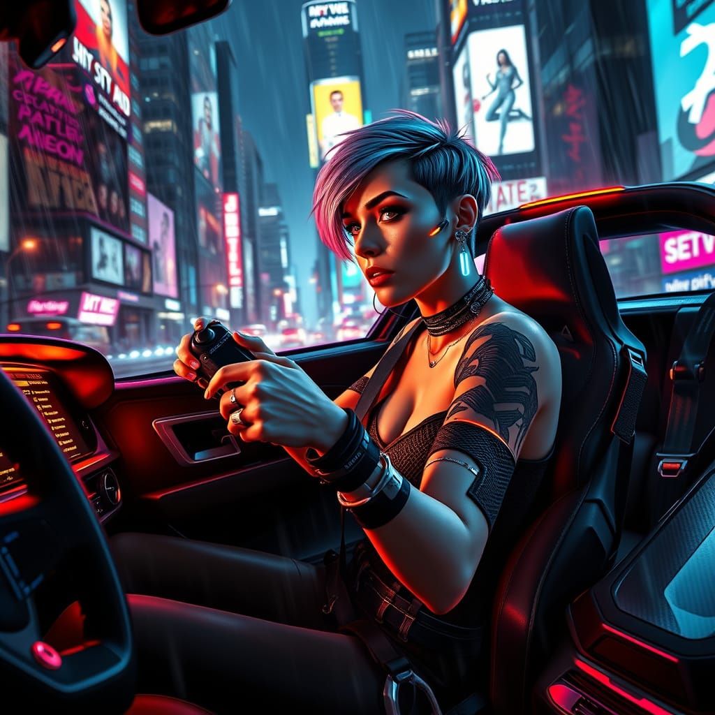 Cyberpunk Woman Drives Futuristic Car Through Neon City