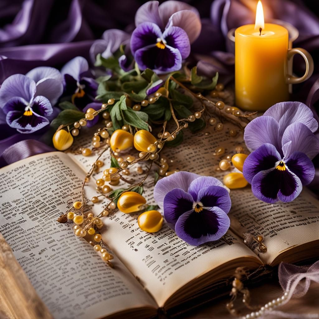(Purple and yellow dried sprig of pansies lying in an old open book) a string of pearls, a ribbon on the open pages of a...