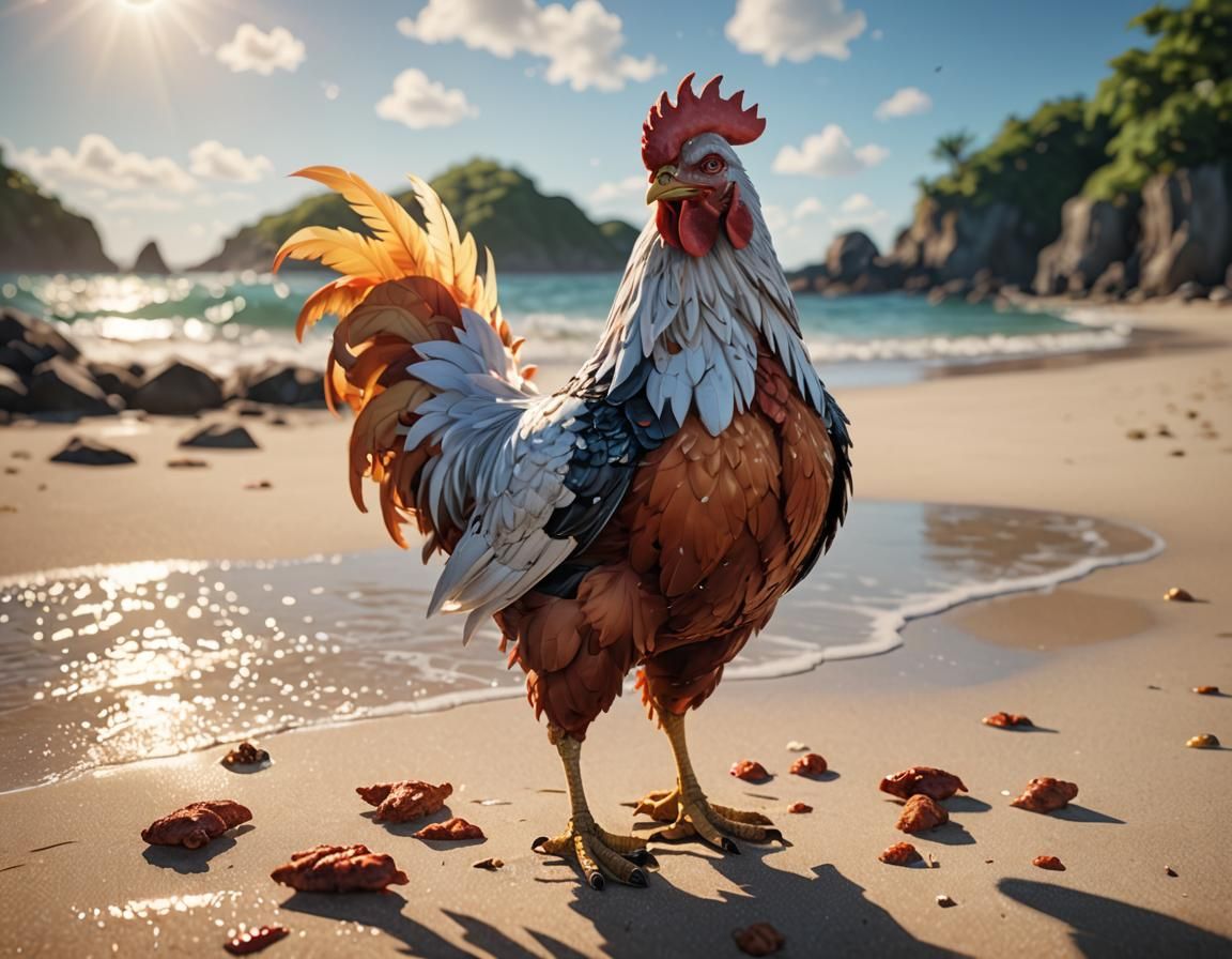 Hot Chicken on Beach in Hyper-Realistic Anime Art