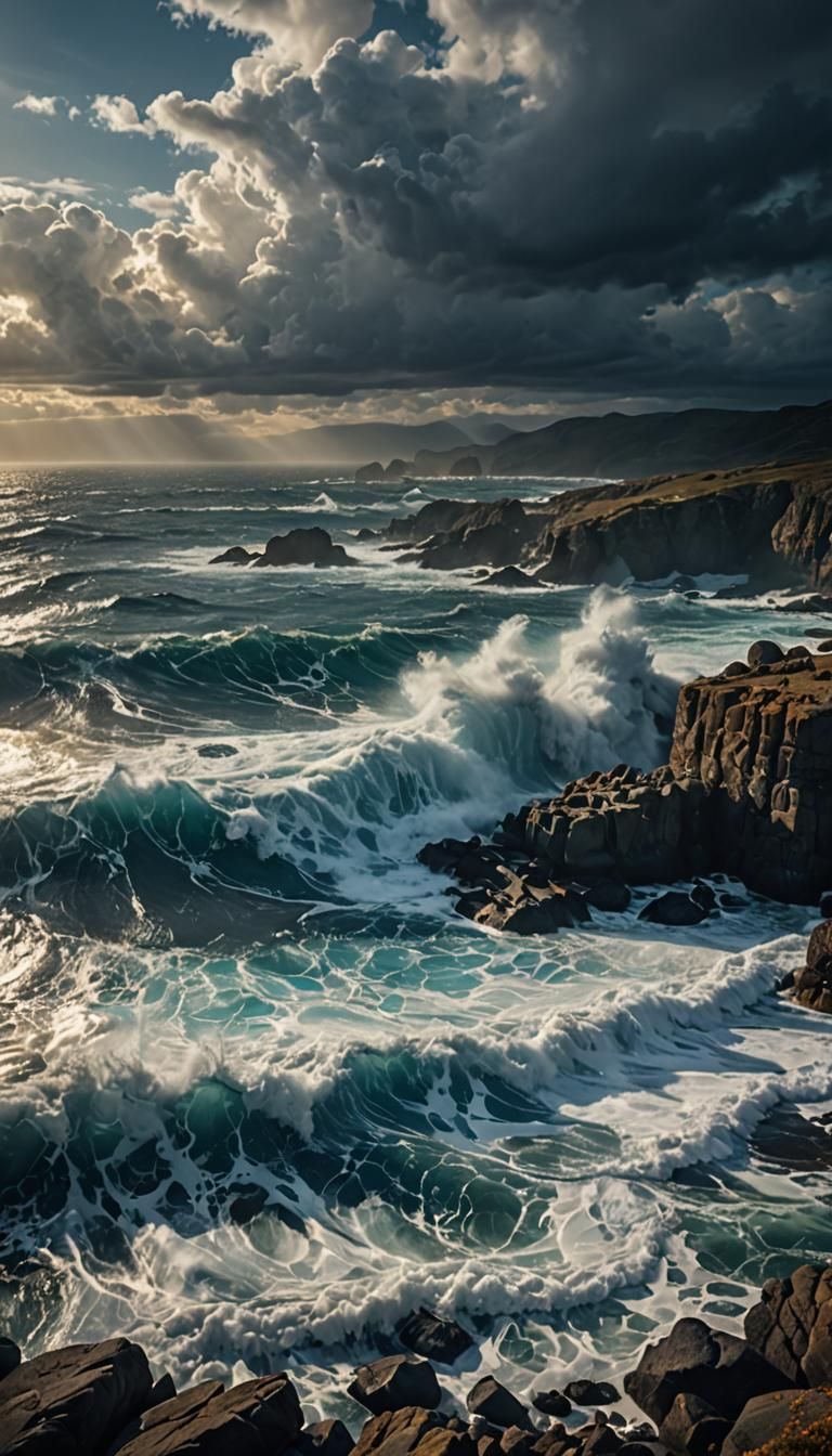 Dramatic Blue Ocean Waves Under Stormy Sky