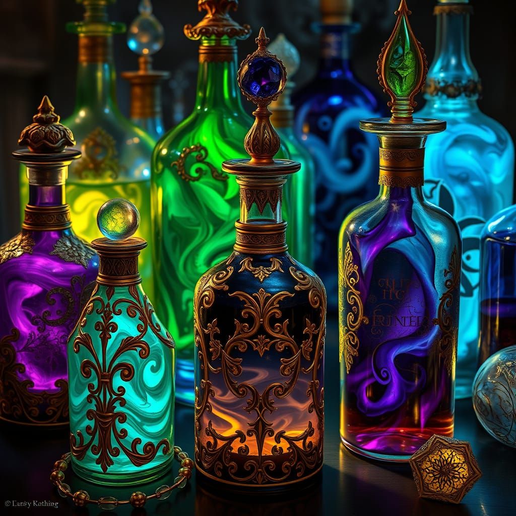 Ornate Alchemical Bottles With Glowing Liquids