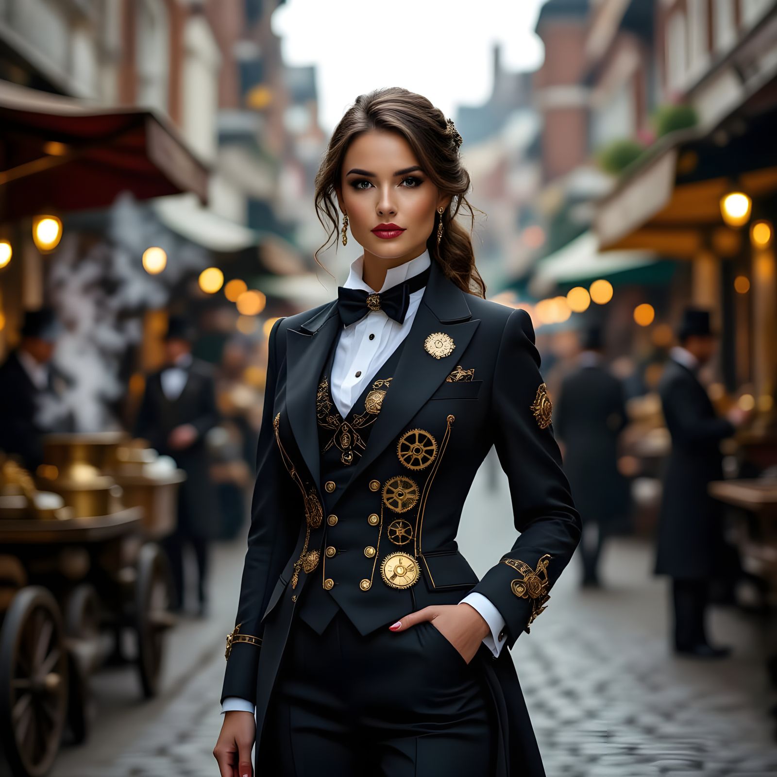 Regal Steampunk Businesswoman in Victorian Market