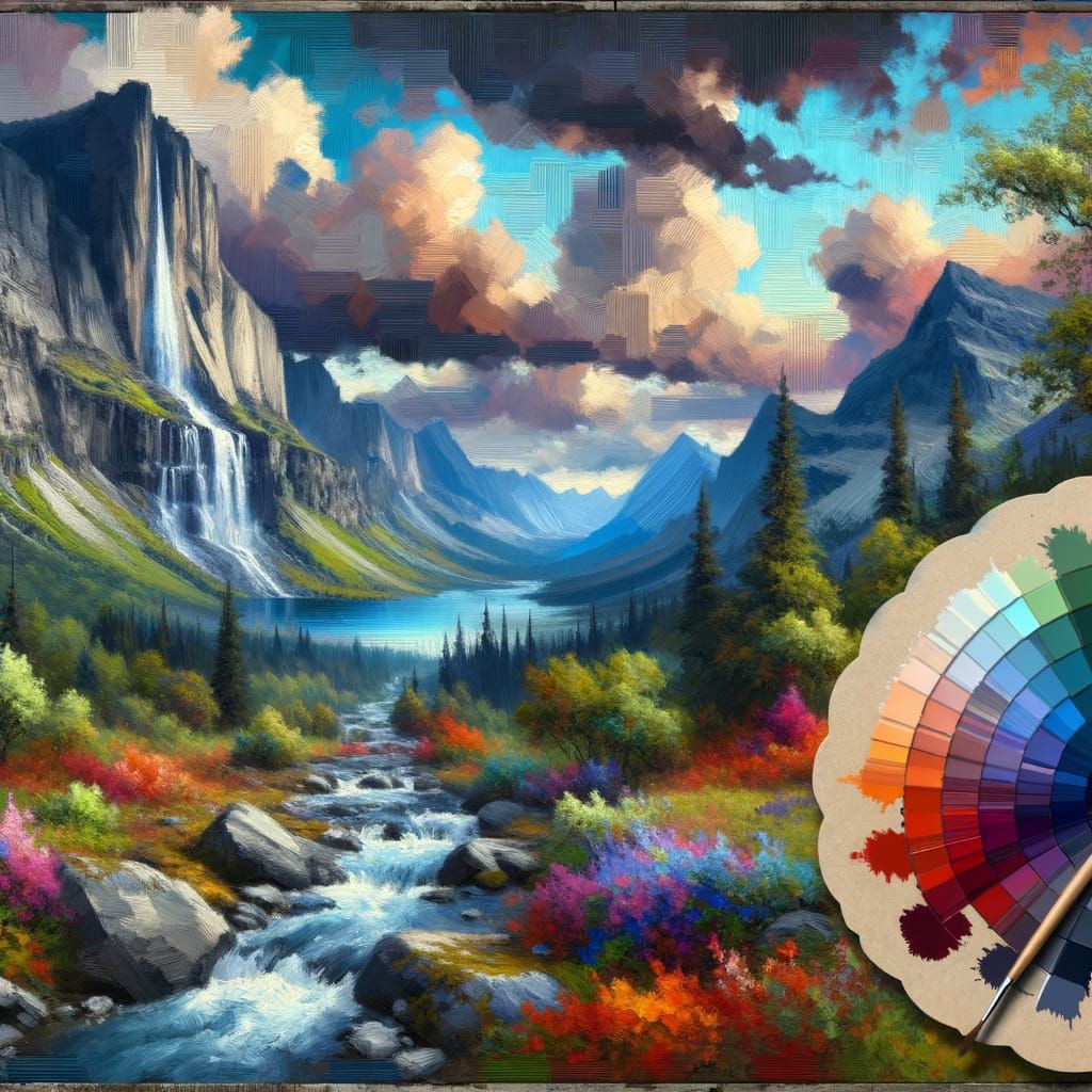 Mountain Waterfall Oil Painting with Silver Ink Hues