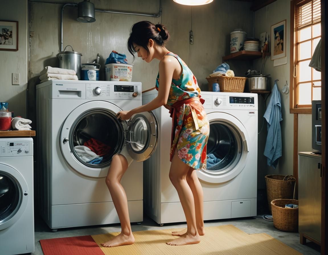 Japanese Woman Laundering Kimono: Hyperrealistic Splash Art
