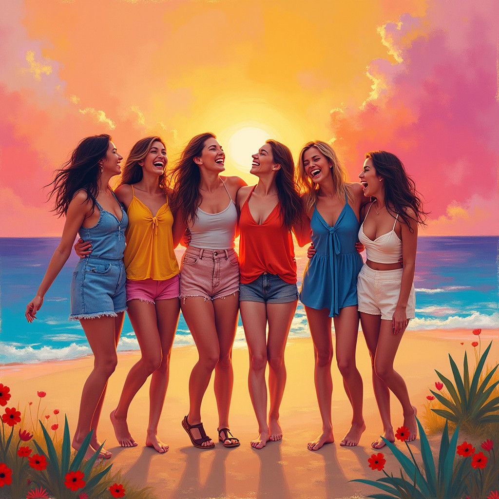 Friends Embracing in Vibrant Summer Colors