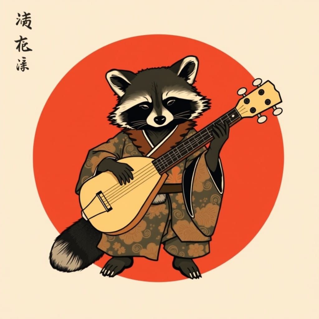 Surreal Japanese Kemono Plays Shamisen on Navy-Blue Backgrou...