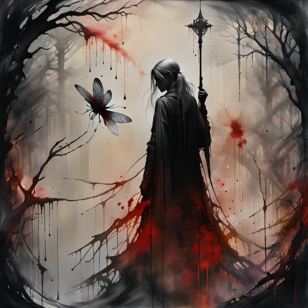 Melancholic Figure Fighting Demons in Black and White Waterc...