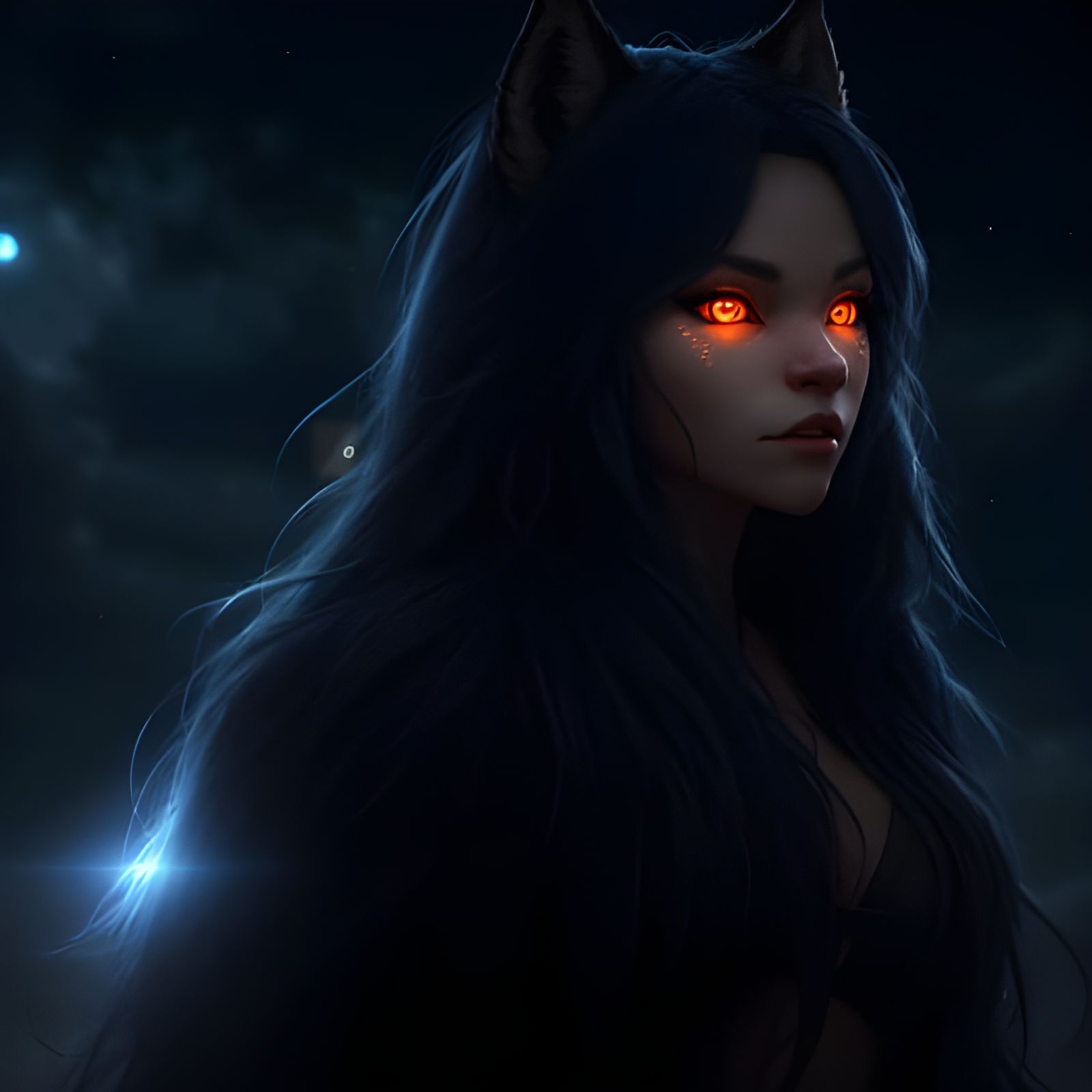Beautiful Female Werewolf Under Blue Moonlit Sky