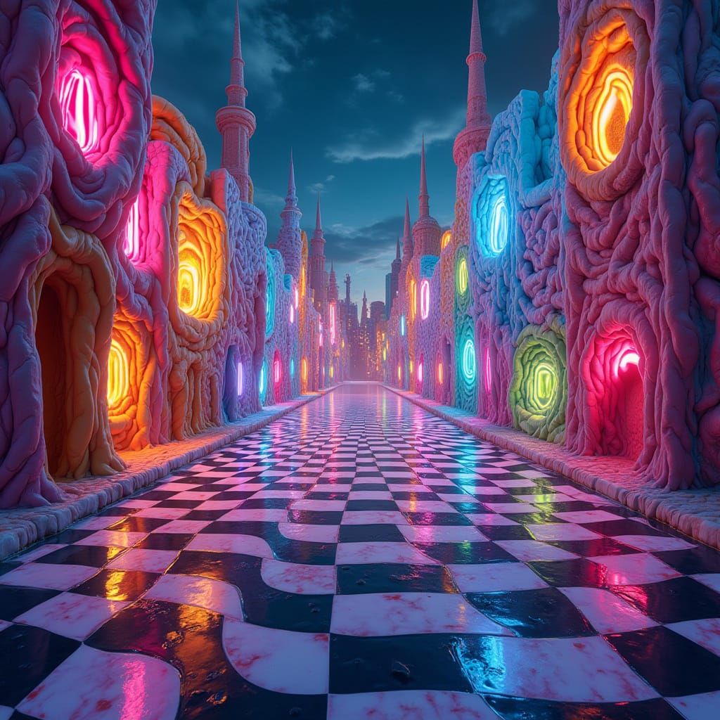 Surrealist Cityscape with Infinite Chessboard Floor and Neon...