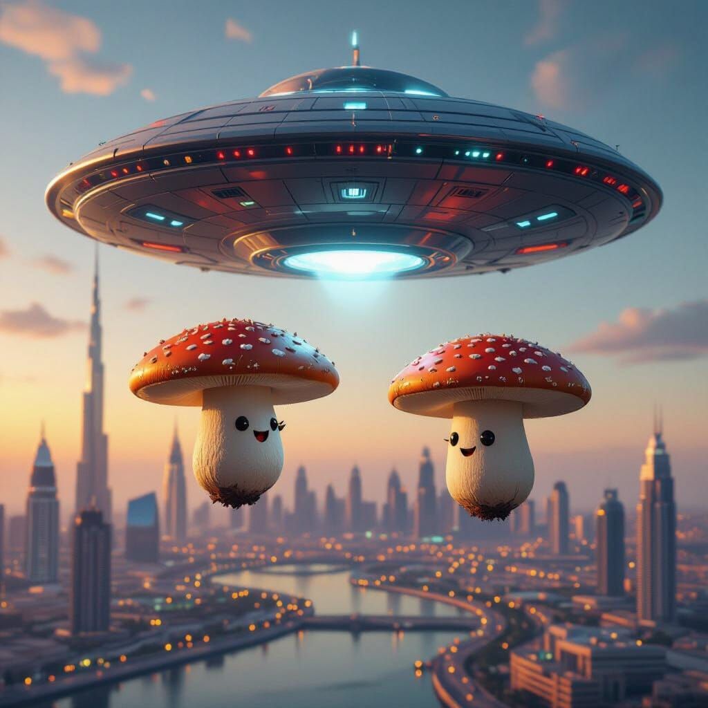 Friendly Mushroom Faces Fly UFO over Dubai