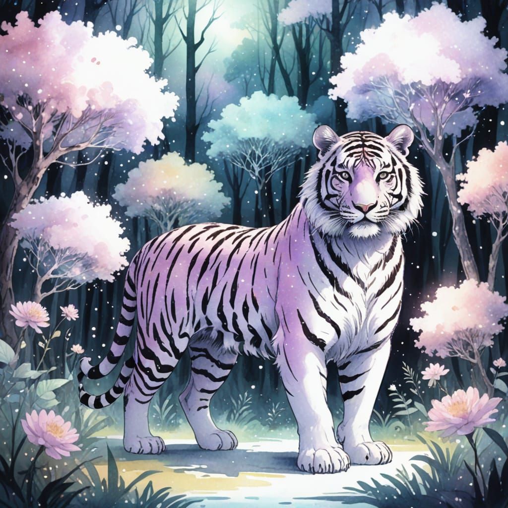 Celestial Tiger Warrior in Bioluminescent Forest