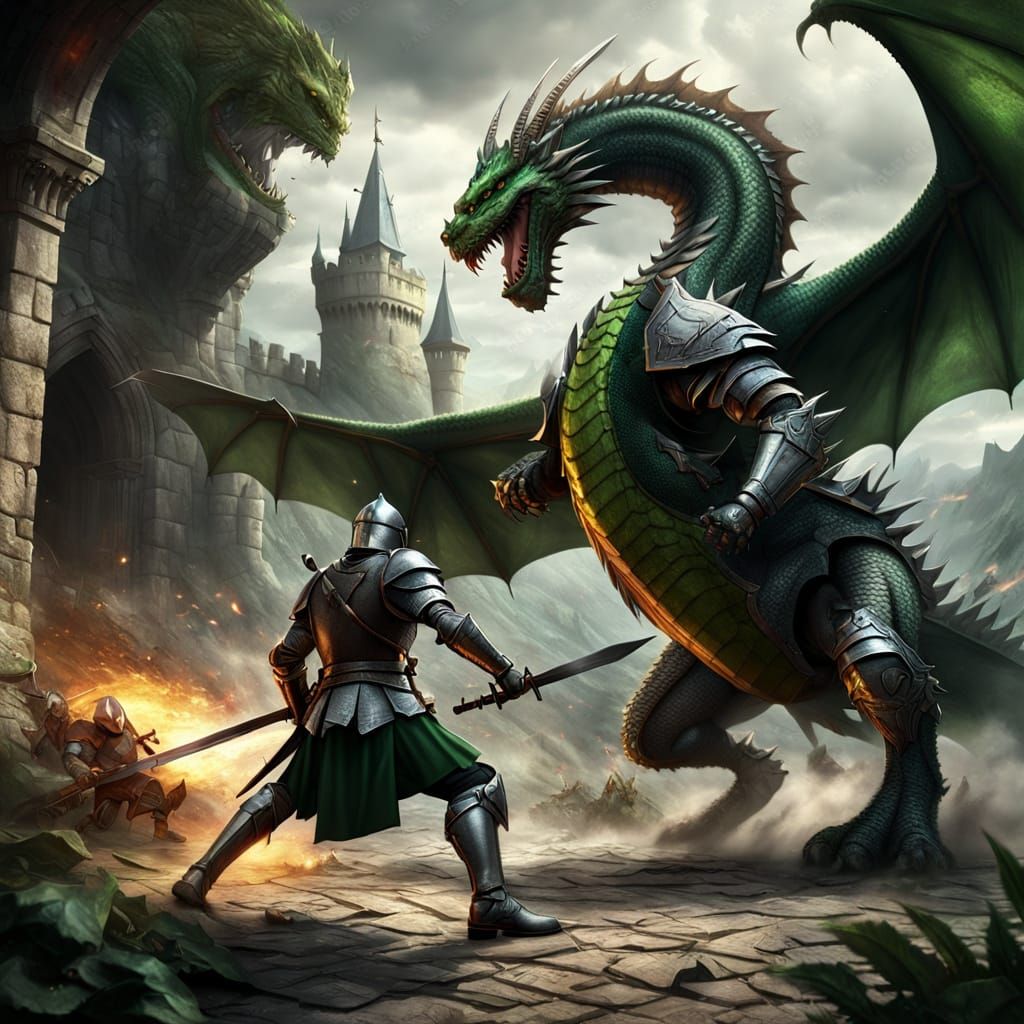 Epic Medieval Knight Battles a Green Dragon in Cinematic Dig...