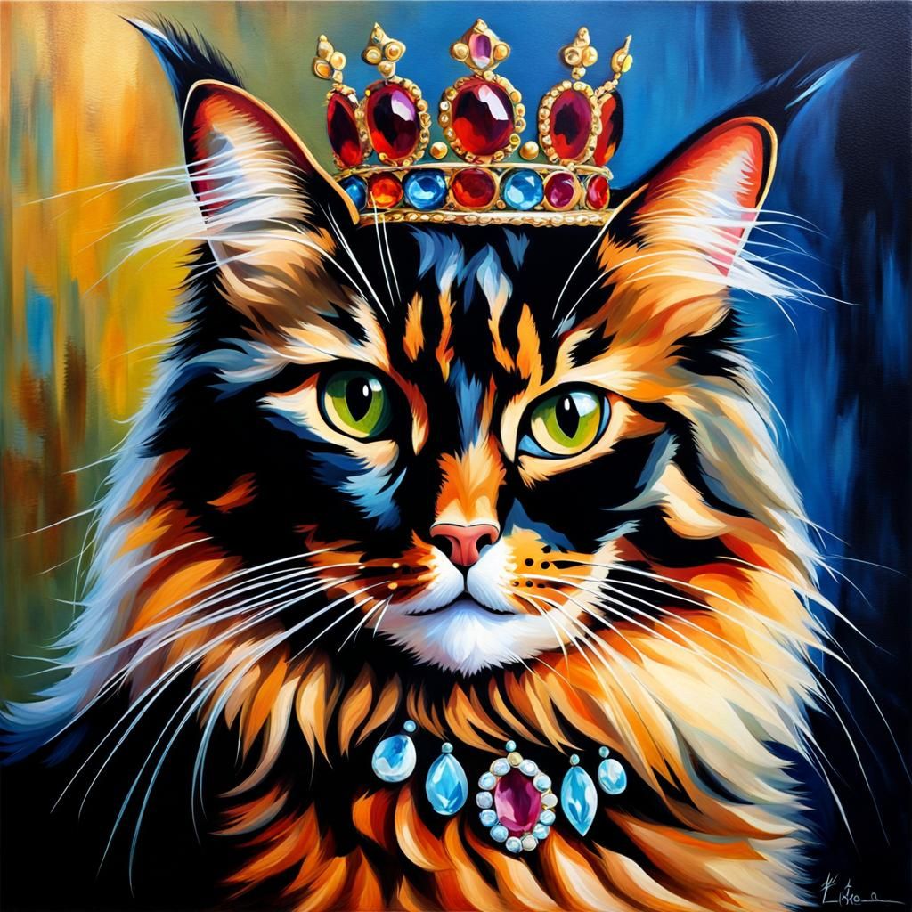Majestic Tortoiseshell Cat with Crown, Oil Painting