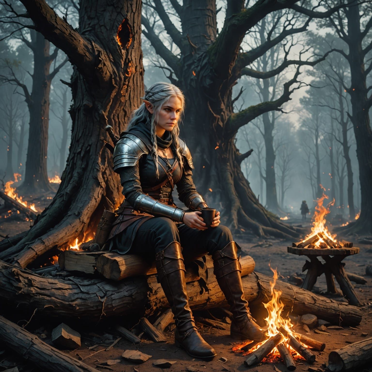 Medieval Fantasy Anime Scene by Twilight Campfire