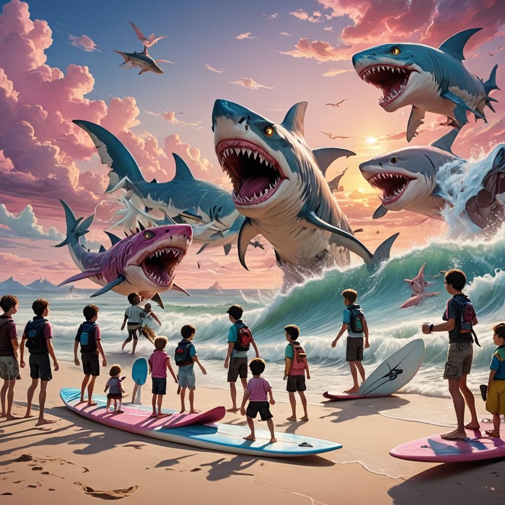 Boys, Shark, and Digimon on Surfboards: Fantasy Art