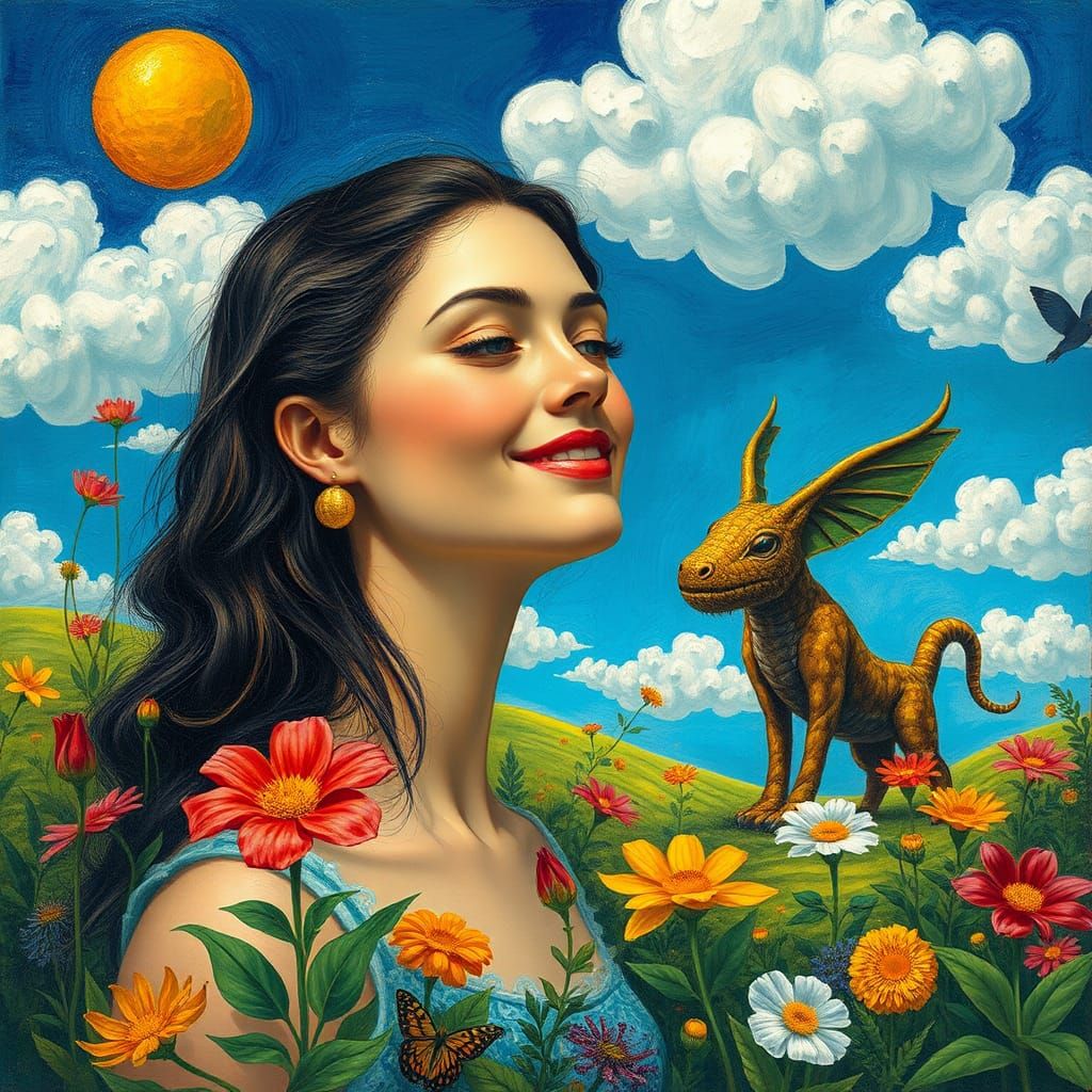 Surreal Woman in Dreamlike Landscape, Oil Painting
